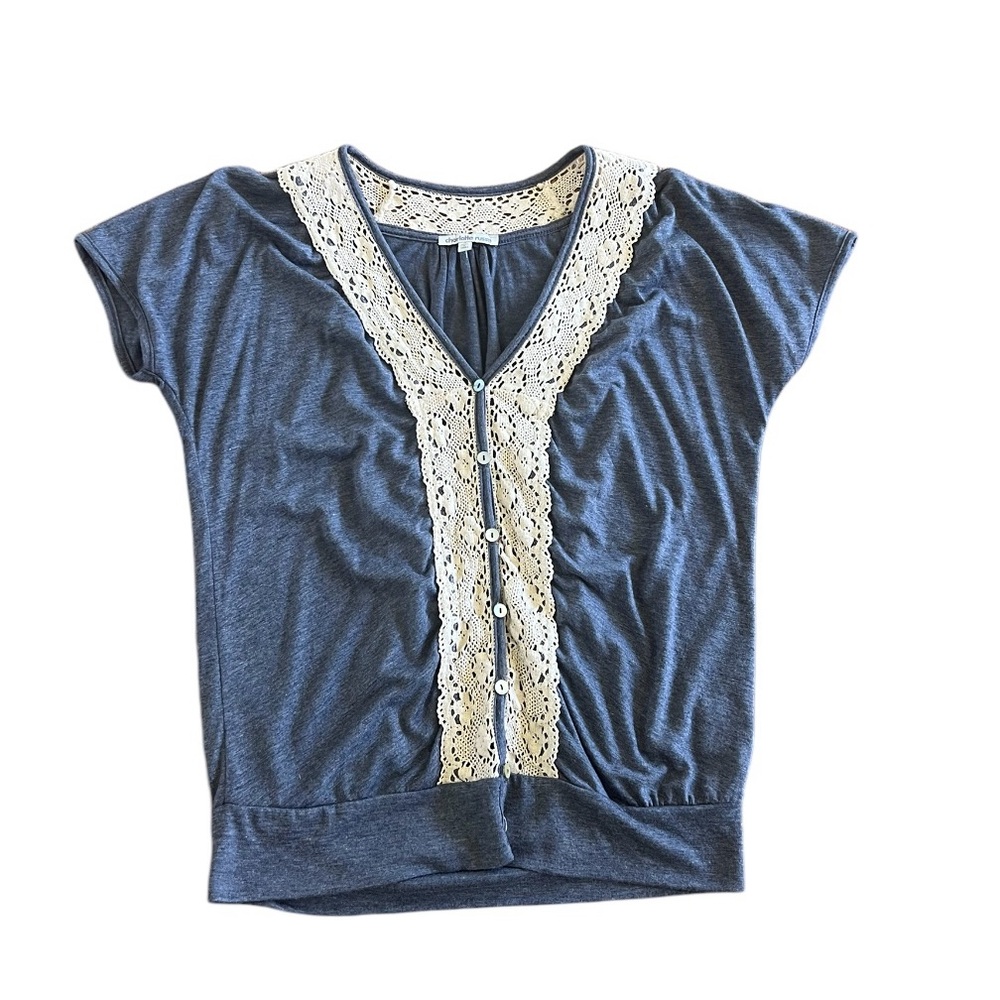 Charlotte Russe blue short sleeved top with crochet detail. Size S